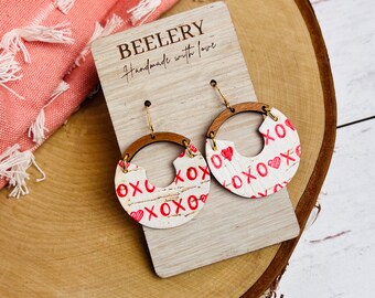 XOXO Red and White Distressed Leather Hoop Earrings, Valentines Day Earrings, Leather and Wood Earrings, Boho Jewelry