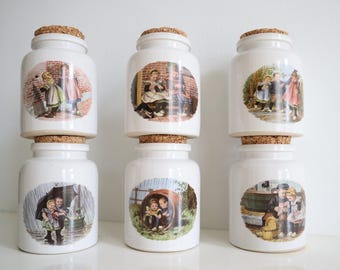 Pots en céramique vintage - Illustrations d'enfants néerlandais - Couvercle en liège - Ensemble / Décoration de cuisine