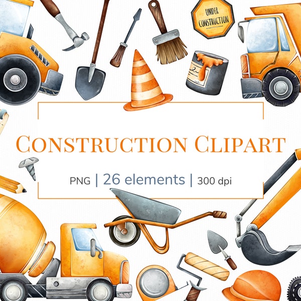 Construction clipart |  Watercolor construction truck clipart | Construction signs |  Construction party |  Construction PNG files