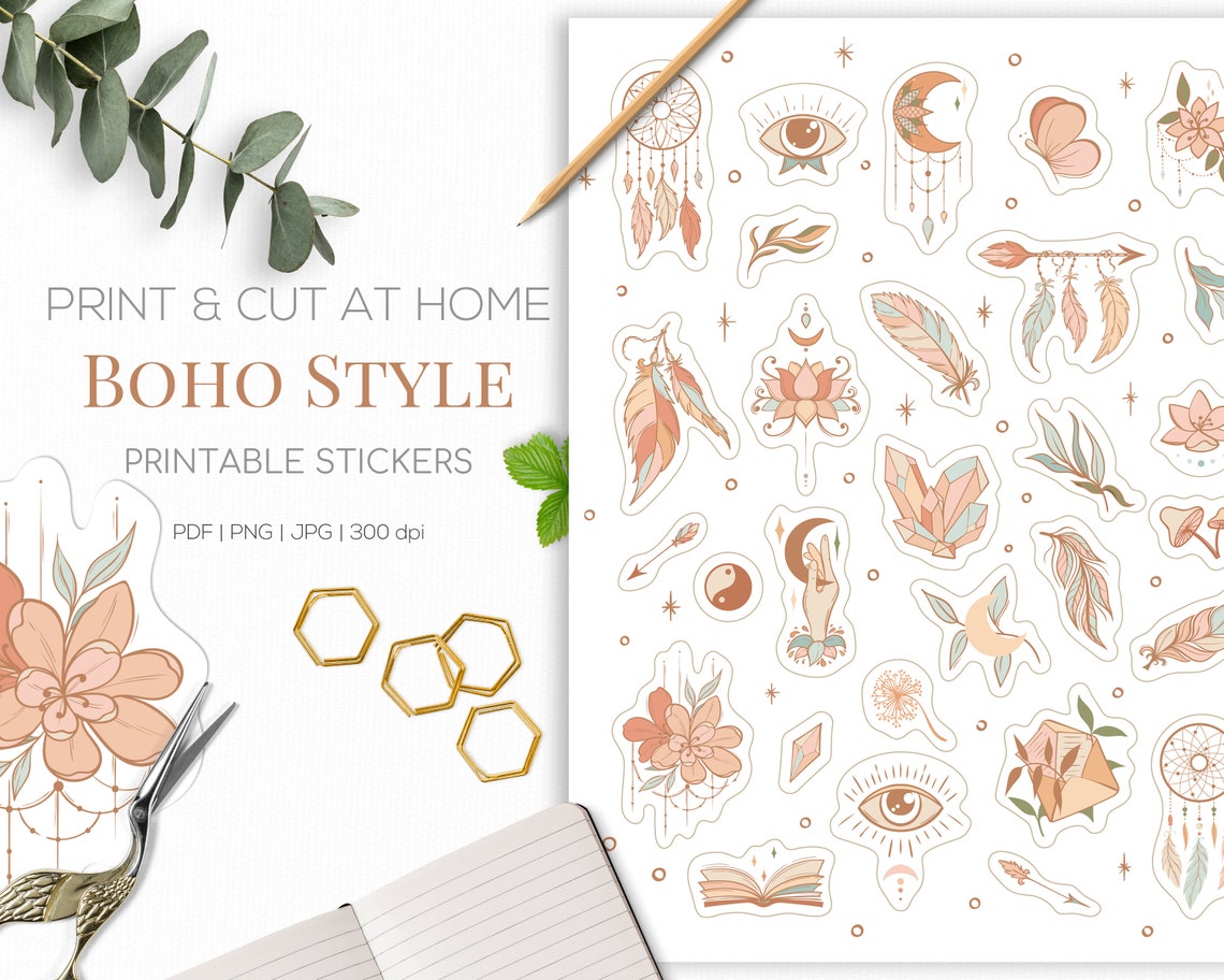 Boho sticker sheet Printable boho planner stickers Bullet Etsy