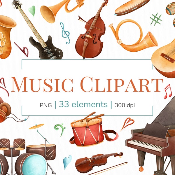 Imágenes prediseñadas de música png / Acuarela digital de instrumentos musicales clipart / Clipart de orquesta / Clipart de notas musicales / Archivos PNG de clipart de banda