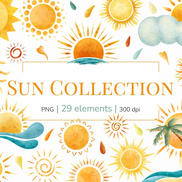 Clipart soleil | Clipart d'été | Chaud soleil png clipart | Clipart de soleil numérique aquarelle dessinés à la main | Soleil d'été png