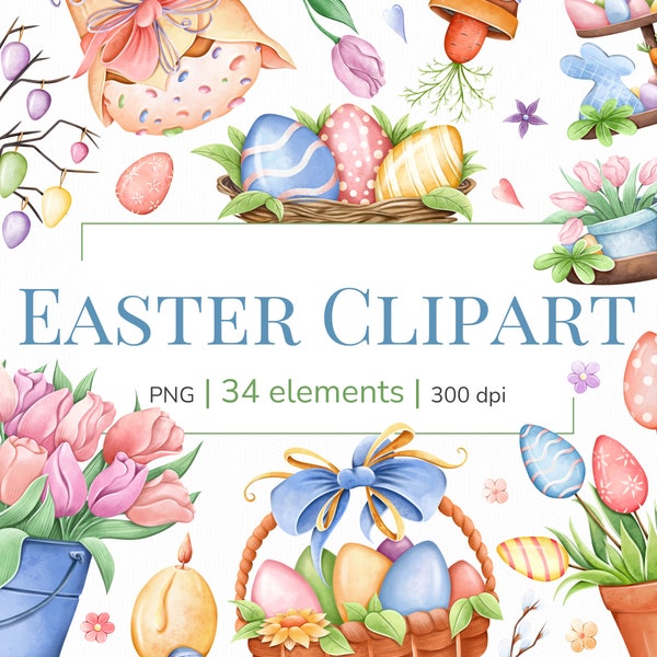Easter clipart png files | Easter eggs clipart | Easter bunny ears clip art | Watercolor spring clipart | Cute spring blossom clipart