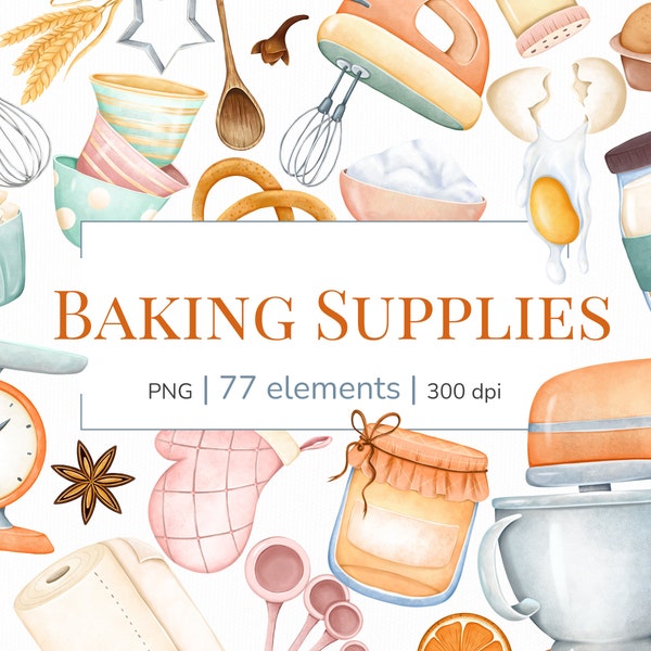 Baking clipart | Kitchen clipart | Watercolor baking supplies clipart png | Home bakery clipart | Confectionary clip art | Cupcakes png