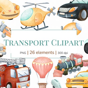 Imágenes prediseñadas de transporte / Imágenes prediseñadas de coches de acuarela / Conjunto de imágenes prediseñadas de transporte / Imágenes prediseñadas de vehículos / Diseño de sublimación de transporte PNG