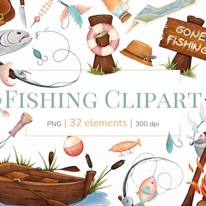 Clipart de pesca | Clip-art de acampamento | Suprimentos para pesca em aquarela | Clipart do dia dos pais | Arquivos png de pesca para design de sublimação