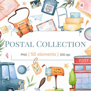 Clipart de correo png set / Clipart de oficina de correos / Clipart de correo aéreo / Clipart de franqueo de acuarela / Sobre / Buzón / Sello / Camión de correo