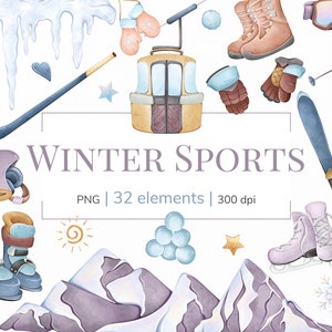 Imágenes prediseñadas de deportes de invierno / Imágenes prediseñadas de invierno / Snowboard, Patinaje, Curling, Esquí de montaña / Imágenes prediseñadas de invierno de acuarela / Invierno png