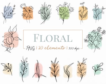 Flowers clipart | Watercolor clipart in PNG | Hand drawn botanical clipart | Modern botanical line art with watercolor splashes clipart