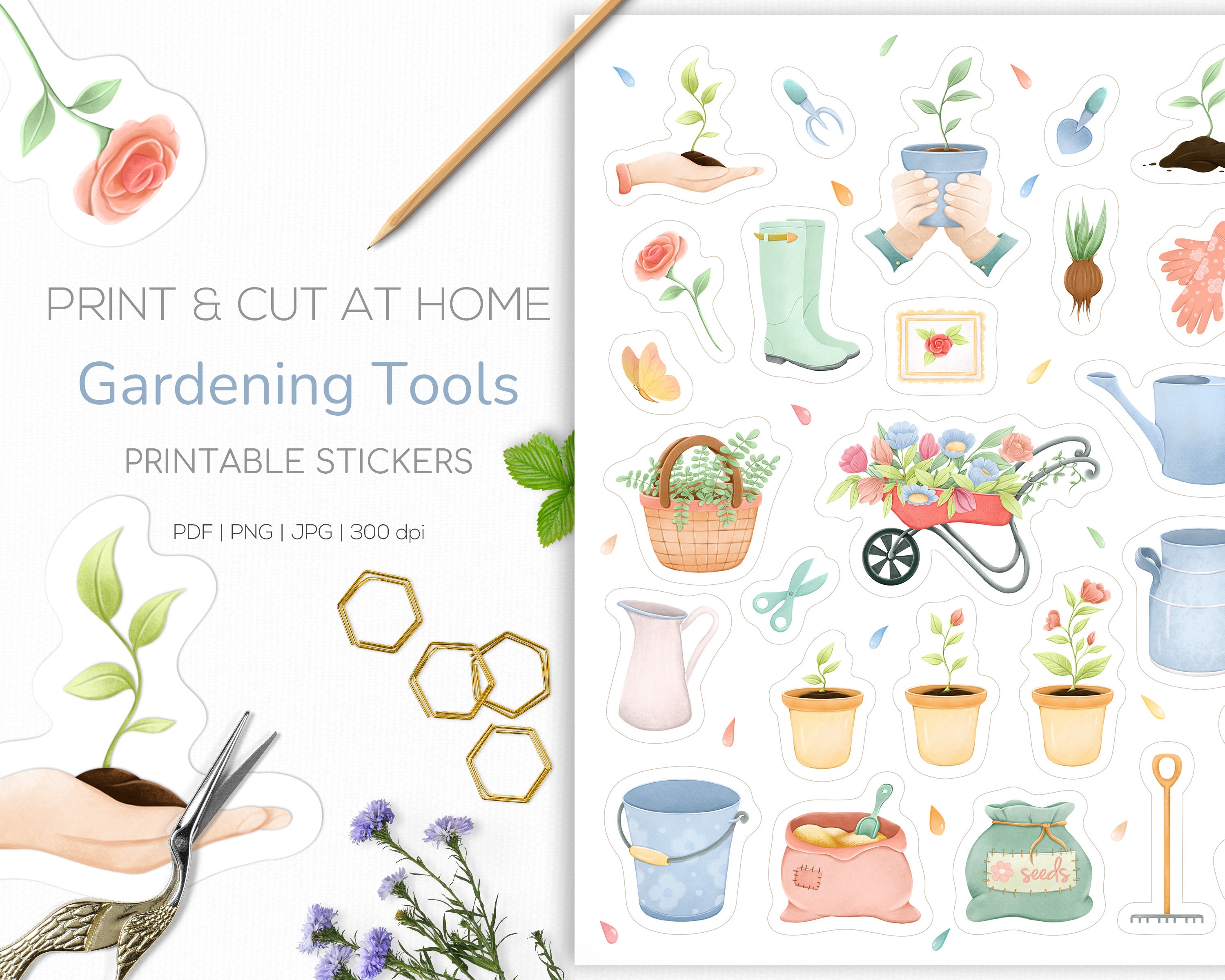 Garden sticker sheet Printable garden tools planner stickers Etsy