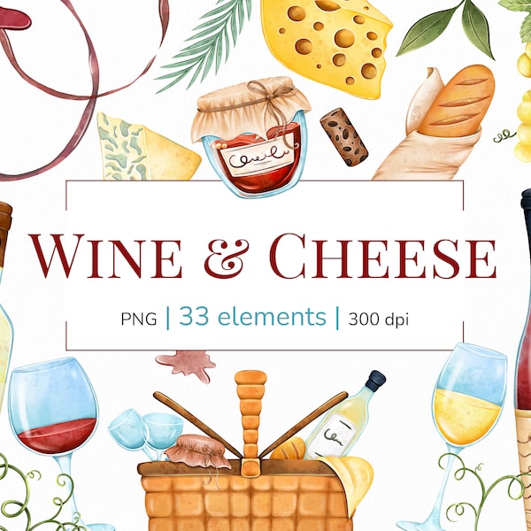 Wine clipart | Watercolor wedding clipart | Cheese clipart | Valentine's day clipart | Wine class clipart | Grapes png files