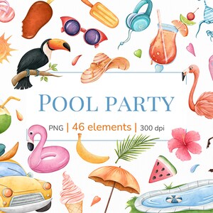 Clipart lato | Clipart impreza przy basenie | Clipart lato akwarela | Clipart tropikalny | Clipart basen | Pliki png impreza na plaży