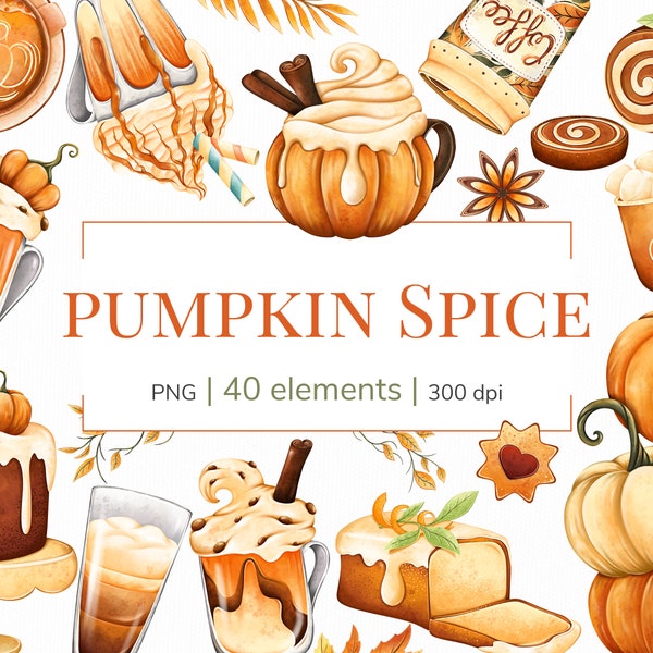 Pumpkin spice clipart |  Watercolor pumpkin clipart | Fall clipart |  Thanksgiving pumpkin spice latte clip art |  Pumpkin spice png files