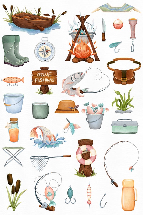 Fishing Clipart Camping Clip Art Watercolor Fishing Supplies Father's Day Clipart  Fishing Png Files for Sublimation Design 