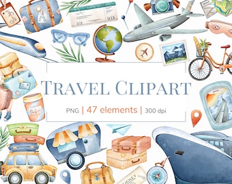 Summer travel clipart |  Watercolor travel clipart | Summer clipart |  Travel clip art |  Summer travel planner PNG files