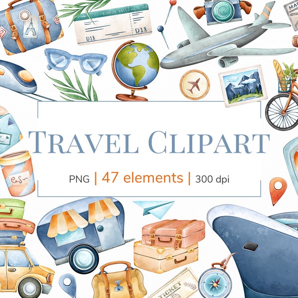 Summer travel clipart |  Watercolor travel clipart | Summer clipart |  Travel clip art |  Summer travel planner PNG files