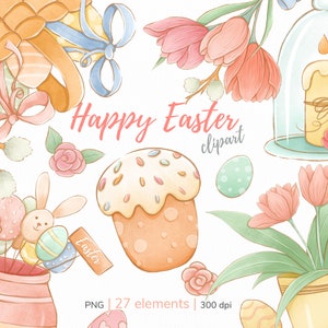 Clipart de Páscoa | Páscoa png | Clipart de primavera | Clipart de coelho fofo | Cesta de ovos de páscoa | Conjunto de clipart PNG para download instantâneo | Adesivos digitais