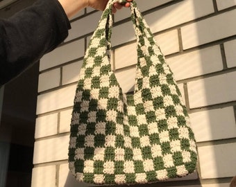 Checkerboard Crochet Bag, Hollow Out Shoulder Bag, Women's Knitted