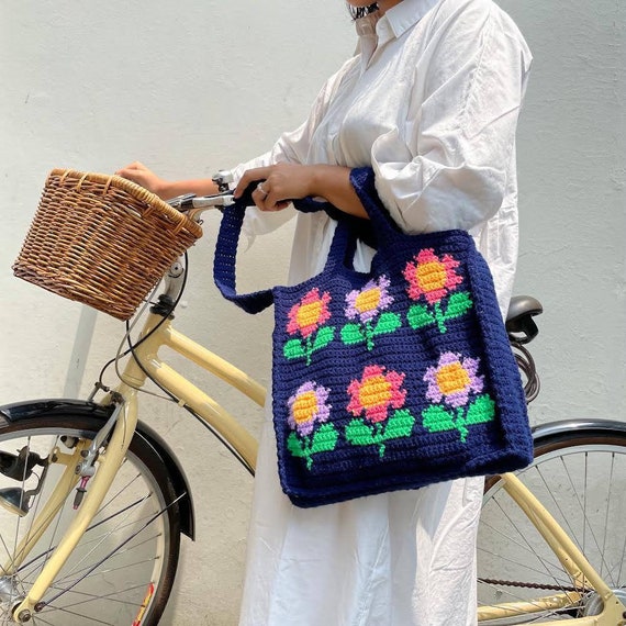 トートバッグ NOTHING EVERYTHING : 24FW / CROCHET FLOWER TOTE BAG (BLACK) Boho Wildflowers Canvas Tote crochet bag - Lightweight