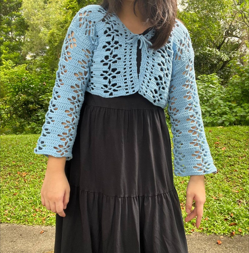 May include: A light blue crocheted cardigan with a tie front and long sleeves. The cardigan is cropped and has a delicate openwork pattern.