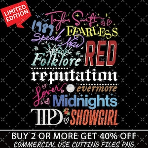 Puede incluir: Diseño gráfico negro con las palabras "Taylor Swift" y títulos de álbumes como "Fearless", "Red" y "Midnights". Una burbuja roja dice "Edición Limitada". El texto inferior dice "Compra 2 o más y obtén un 40% de descuento."