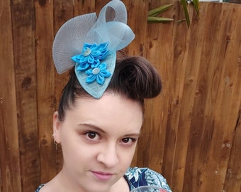 Pale blue fascinator, handmade, fabric flowers and netting, wedding guest, hair accessory