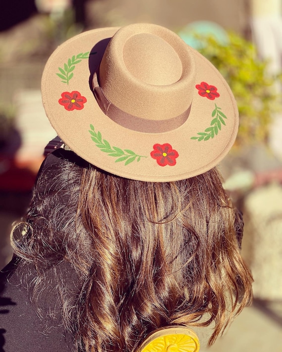Wide Brim Hat With Hand Painted Flowers 