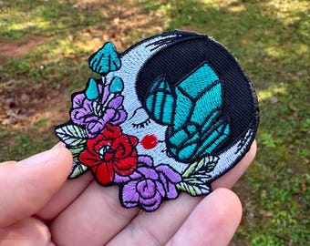 Crystal Flower Moon Patch- Iron On Patch- Iron On Embroidered- Star Iron On Patch Moon Patch- Tarot Card Iron On Patch- Witch Iron On Patch