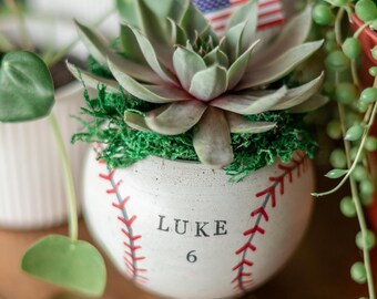 Handpoured and Hand Painted Concrete Baseball Planter including Succulent