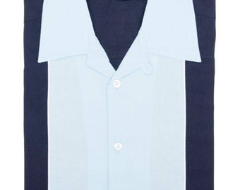 Camicia da bowling da uomo Sky Blue & Black a maniche corte, camicia classica del 1950, retrò, Rockabilly, cotone, camicia camp, camicia lounge,