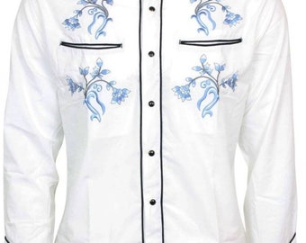 Camisa vaquera blanca estilo occidental, flor azul, bordado, algodón, manga larga, rockabilly, vaquero, detalle blanco, baile en línea,