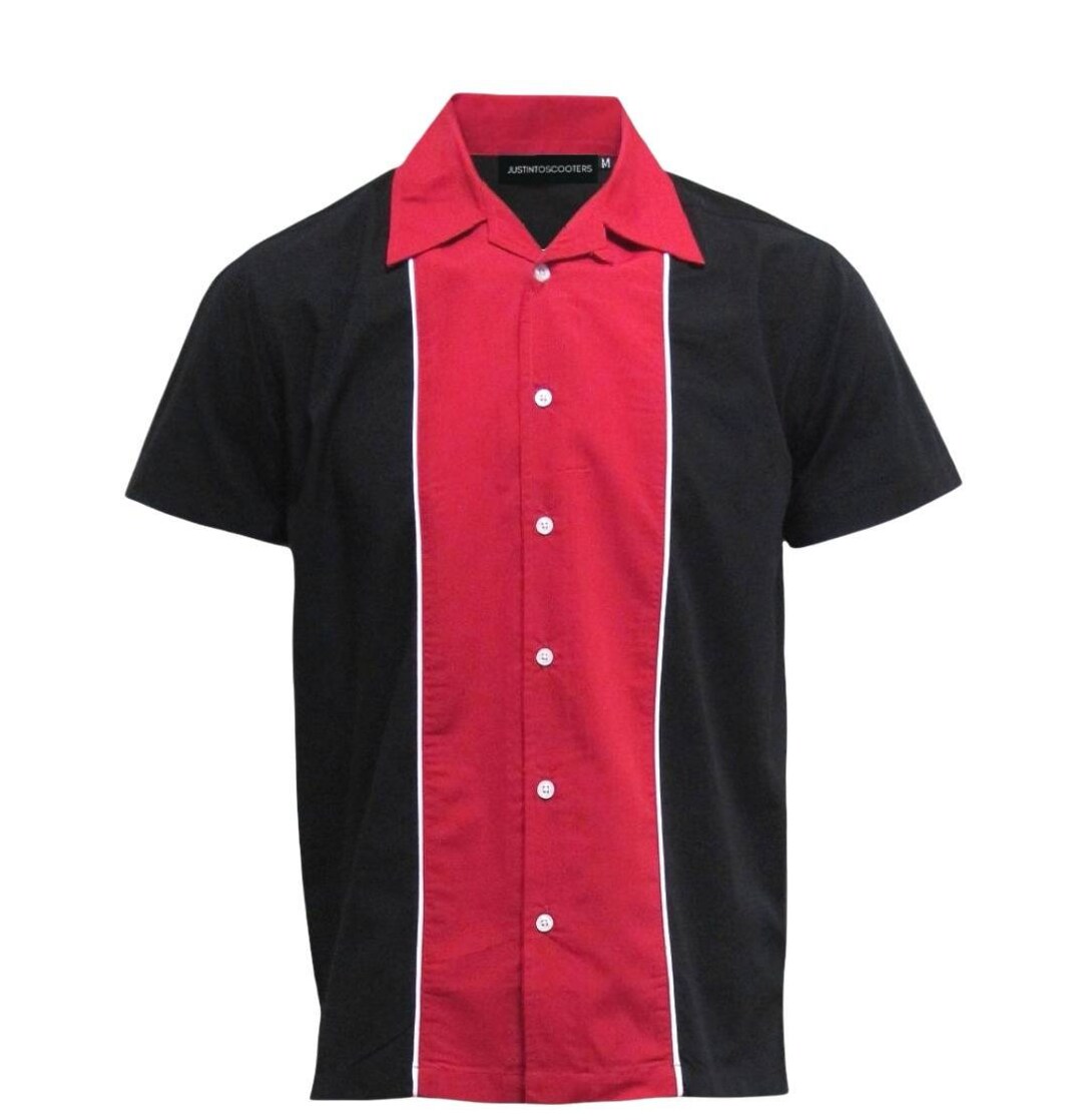 Men's Red & Black Short Sleeve Bowling Shirt, Classic 1950s Shirt
