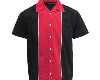 Heren rood en zwart bowlingshirt met korte mouwen, klassiek shirt uit de jaren 1950, retro, rockabilly, katoen, kampshirt, loungeshirt,