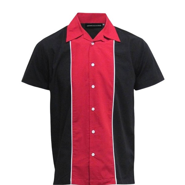 Heren rood en zwart bowlingshirt met korte mouwen, klassiek shirt uit de jaren 1950, retro, rockabilly, katoen, kampshirt, loungeshirt,