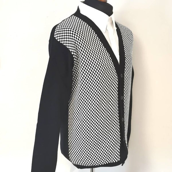 1980s Style 2 Tone Check Knit Cardigan Mod Ska Skinhead Wool Made in Ireland