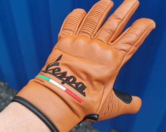 Gants Vespa marron, Cuir italien, Scooter, Mods, Couleurs du drapeau italien brodé, Fabriqué à la main, Fabriqué en Italie, Piaggio, Lambretta