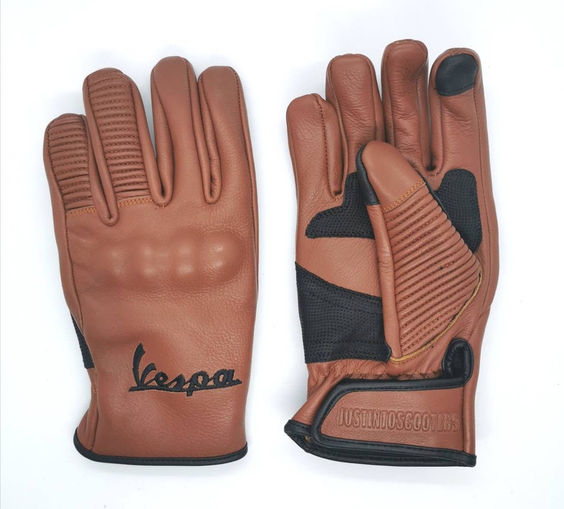 Vespa Scooter Rustic Brown Tan Gloves Italian Leather Mods Embroidered Hand Made Classic Scooter Made in Italy Piaggio image 2