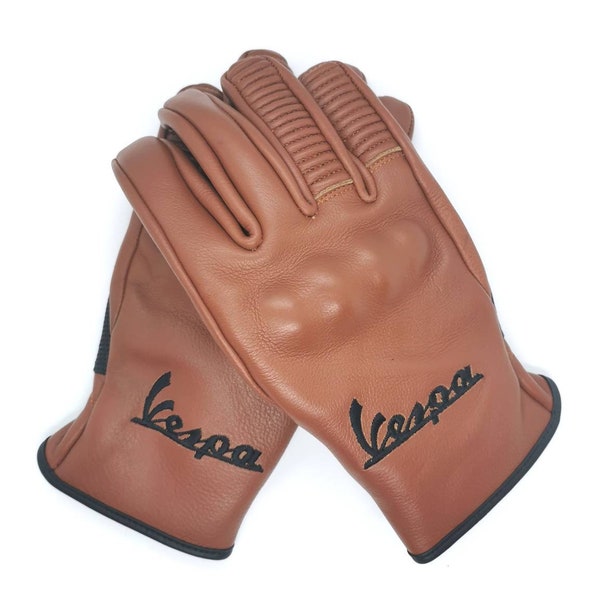 Vespa Scooter Rustic Brown Tan Gloves Italian Leather Mods Embroidered Hand Made Classic Scooter Made in Italy Piaggio
