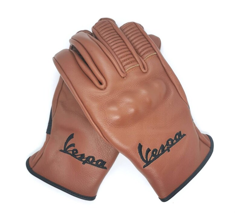 Vespa Scooter Rustic Brown Tan Gloves Italian Leather Mods Embroidered Hand Made Classic Scooter Made in Italy Piaggio image 1