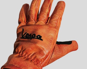 Gants de scooter Vespa orange sanguine, cuir italien, scooter, broderies de modifications faites à la main, scooter classique fabriqué en Italie Piaggio