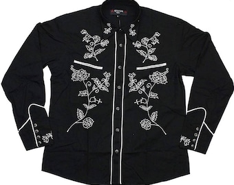 Black Cowboy Western Style Shirt, Embroidered, Cotton, Long Sleeve, Rockabilly, Cowboy, Cowboy shirt, White detail, Line Dancing, Horse