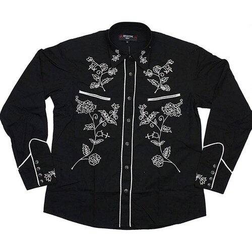 Black Cowboy Western Style Shirt Embroidered Cotton Long - Etsy