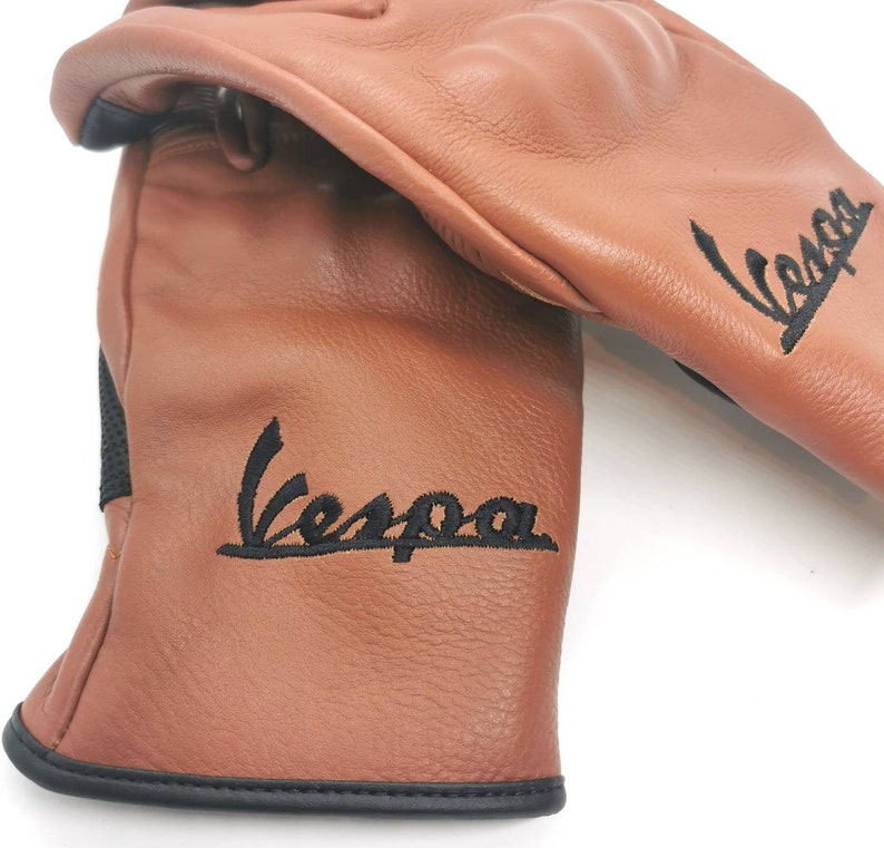 Vespa Scooter Rustic Brown Tan Gloves Italian Leather Mods Embroidered Hand Made Classic Scooter Made in Italy Piaggio image 6