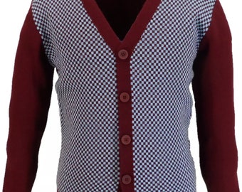 1980s Style 2 Tone Bufgundy Check Knit Cardigan Mod Ska Skinhead Retro The Specials