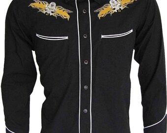 Black Cowboy Skull Yellow Flame Western Style Shirt, Embroidered, Cotton, Long Sleeve, Rockabilly, Line Dancing,