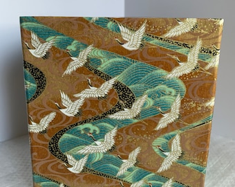 Tissue Box Cover Handcrafted  with Japanese Chiyogami Washi Paper in Tan Crane Migration Design. Proceeds to Charity