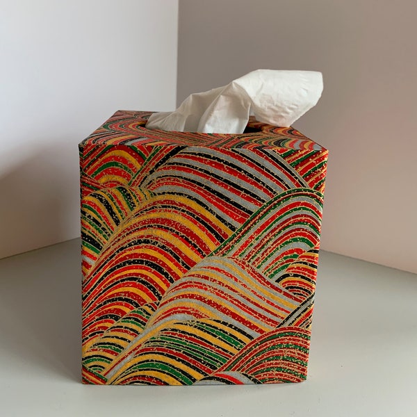 Handcrafted  tissue box cover made with Japanese Chiyogami Washi Paper in Red Striped Hills Design. Proceeds to Charity