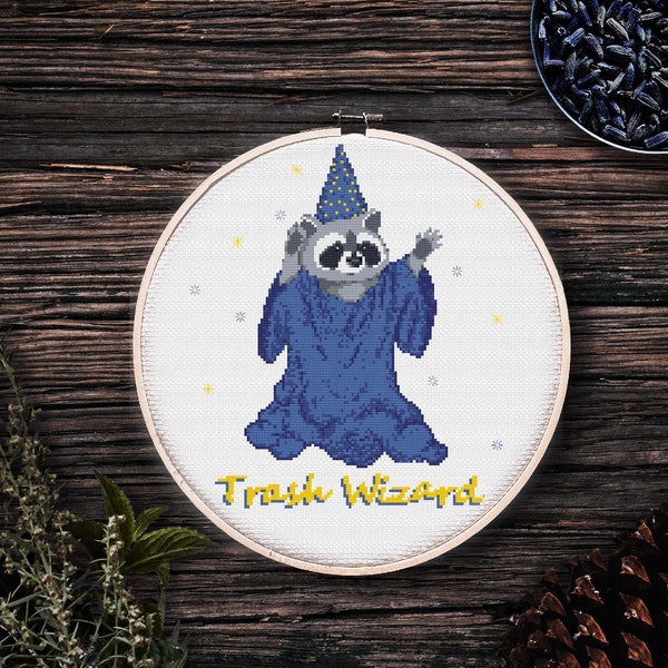 Cute Racoon Wizard Cross Stitch Pattern PDF, Trash Wizard Funny xStitch, Wall Hanging Decor, Digital Download PDF