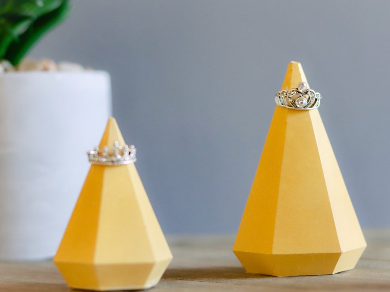 RING HOLDERS, Unique Gift Set , Concrete Jewelry Cone, Cement Ring Holder Display, Ring Cone, Geometric, Engagement, Wedding Set, Minimalist Yellow