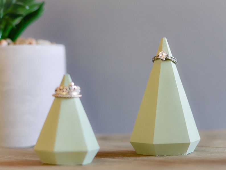 RING HOLDERS, Unique Gift Set , Concrete Jewelry Cone, Cement Ring Holder Display, Ring Cone, Geometric, Engagement, Wedding Set, Minimalist Sage